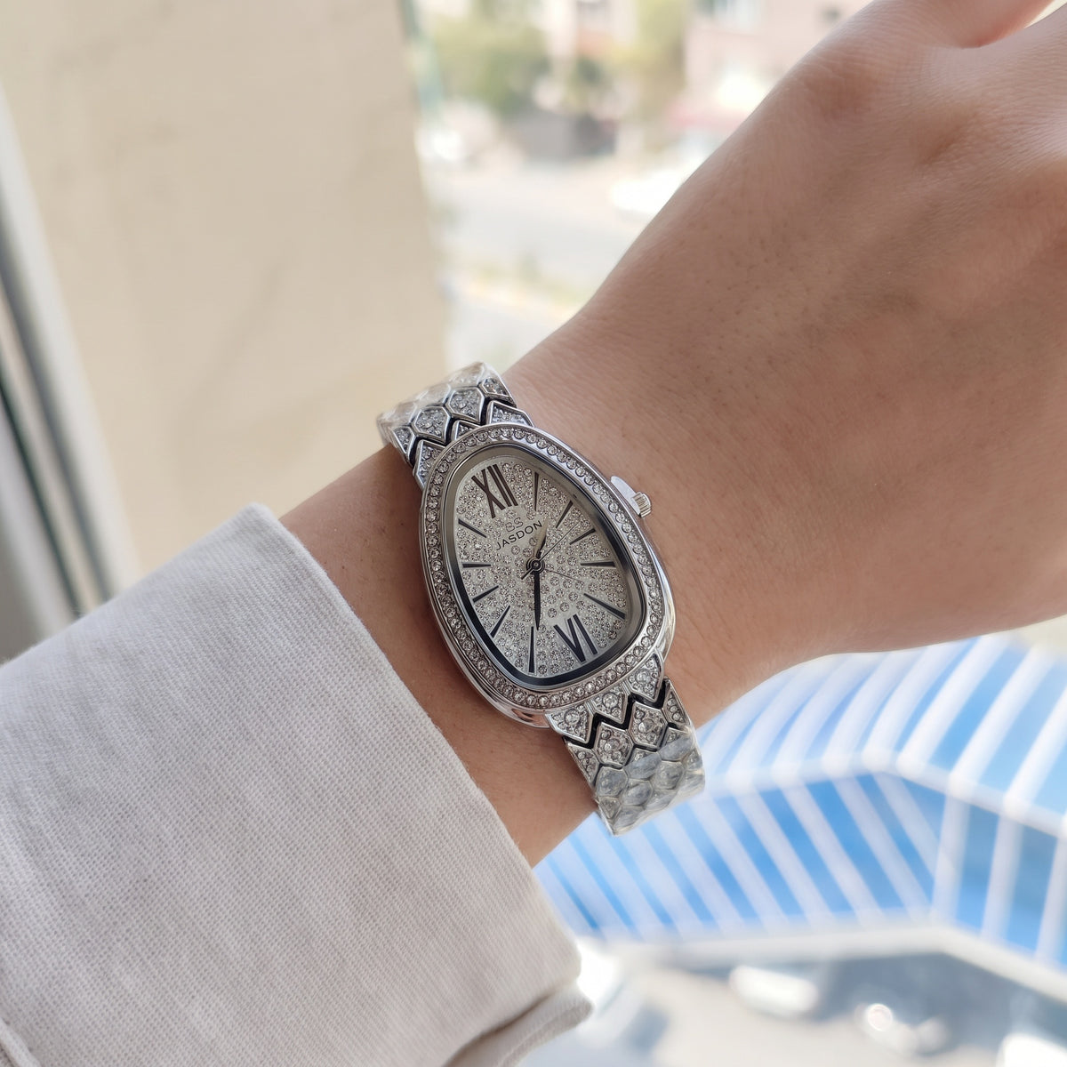 FairyLiora Empress Watch in Silver, crystal serpent bracelet, worn on the wrist