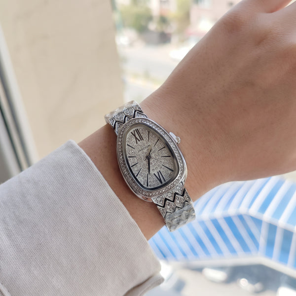 FairyLiora Empress Watch in Silver, crystal serpent bracelet, worn on the wrist
