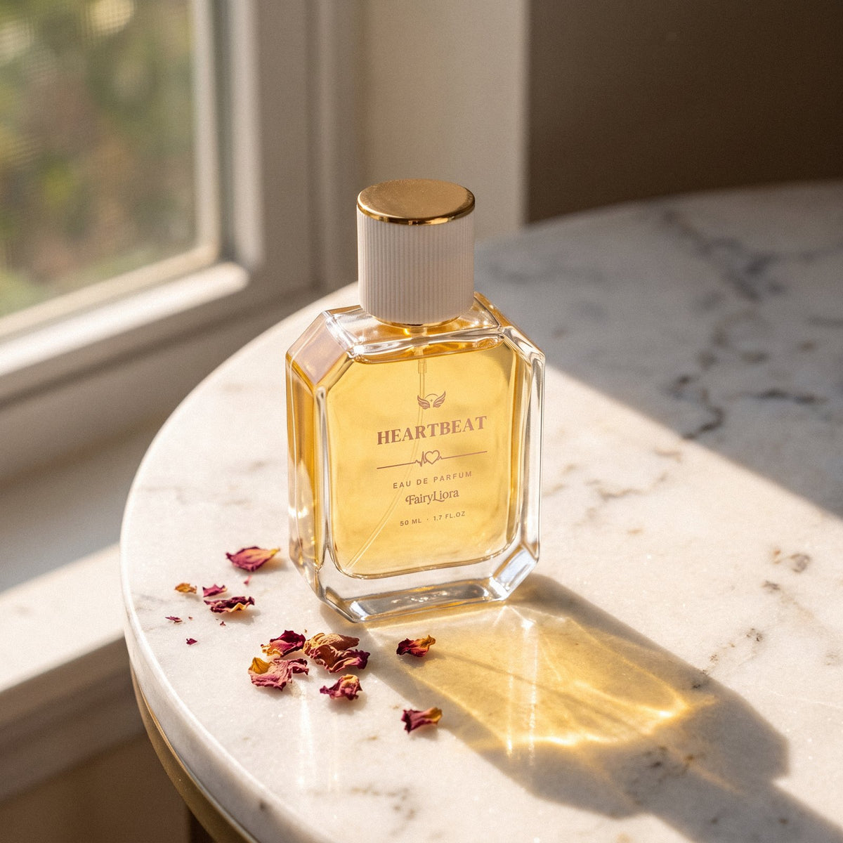 Heartbeat perfume on a sunlit marble table with rose petals